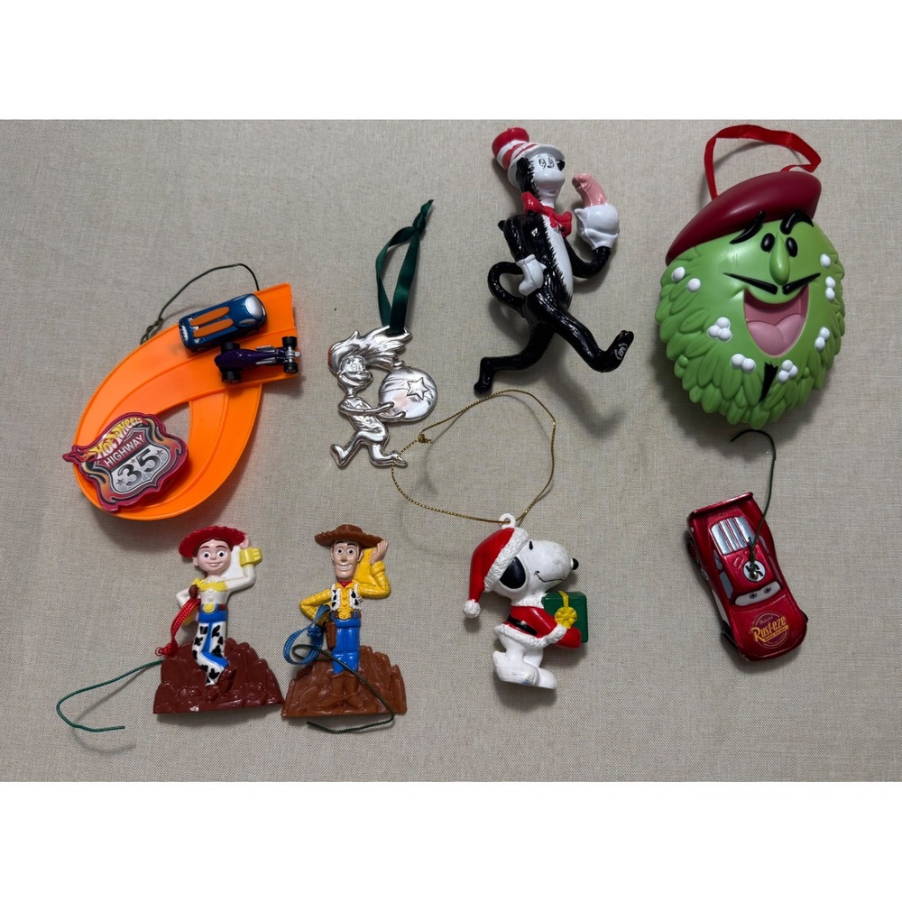 VTG Disney Pixar Toy Story Snoopy Cat in the Hat Hot Wheels Grinch Ornaments Lot